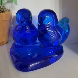 Blue Glass Love Birds on a Heart Bird of Happiness signed and dated